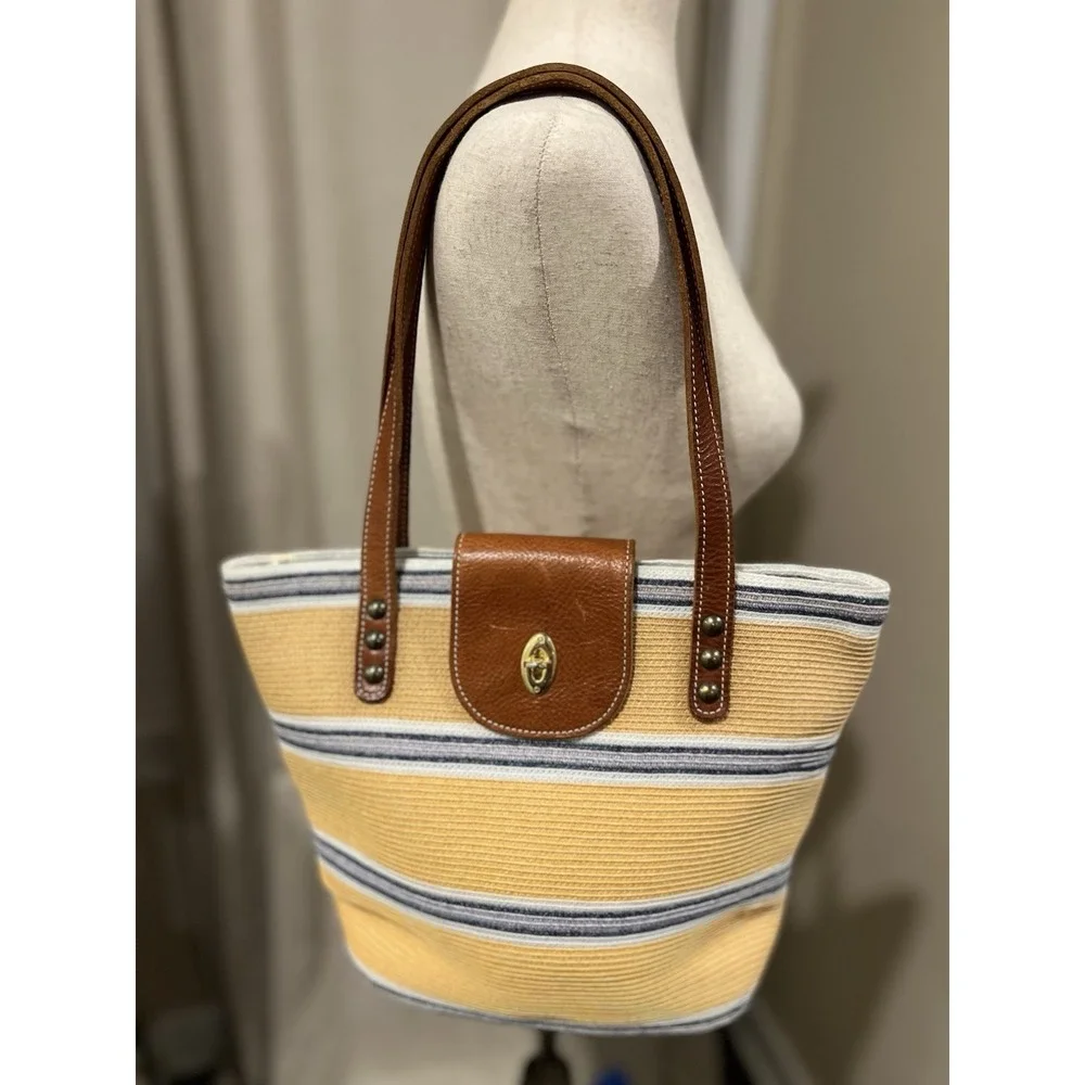 Eric Javitz Hand Bag Woven Canvass With Leather Brass Hardware‎